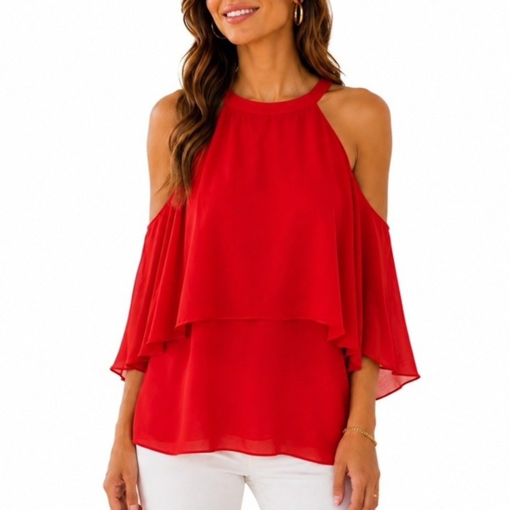 Kobi Halperin Silk Halter Blouse Red Layered Ruffle Draped NWT $328 Womens Small